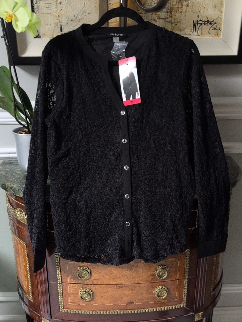 Cable & Gauge Black Lace Button-Front Women's Top Size M NWT